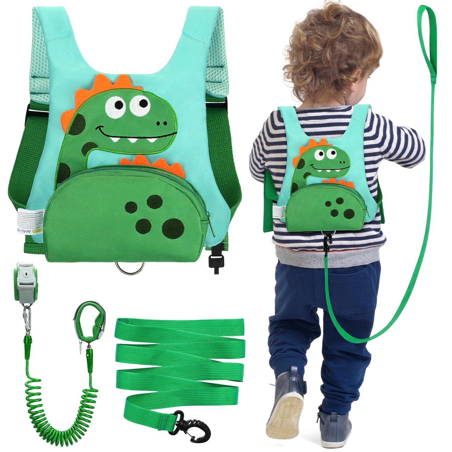 Dr.Meter 3 In 1 Toddler Harness Leash + 8.2Ft Anti Lost Wrist Link, Cute Dinosaur Kids Safety Harness Tether With Key Lock, Chil