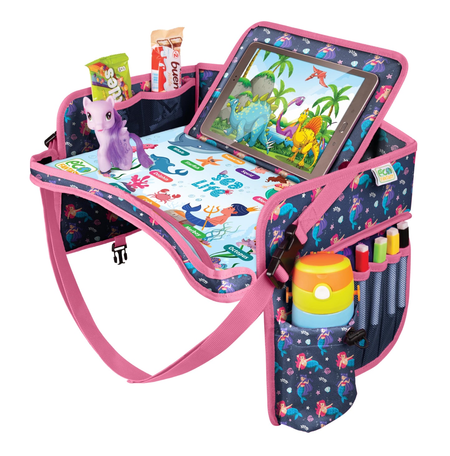 ECOFANTASY Kids Travel Tray - Waterproof Lap Table with No-Drop Large Tablet Holder - Car Seat Tray - Road Trip Essentials Kids