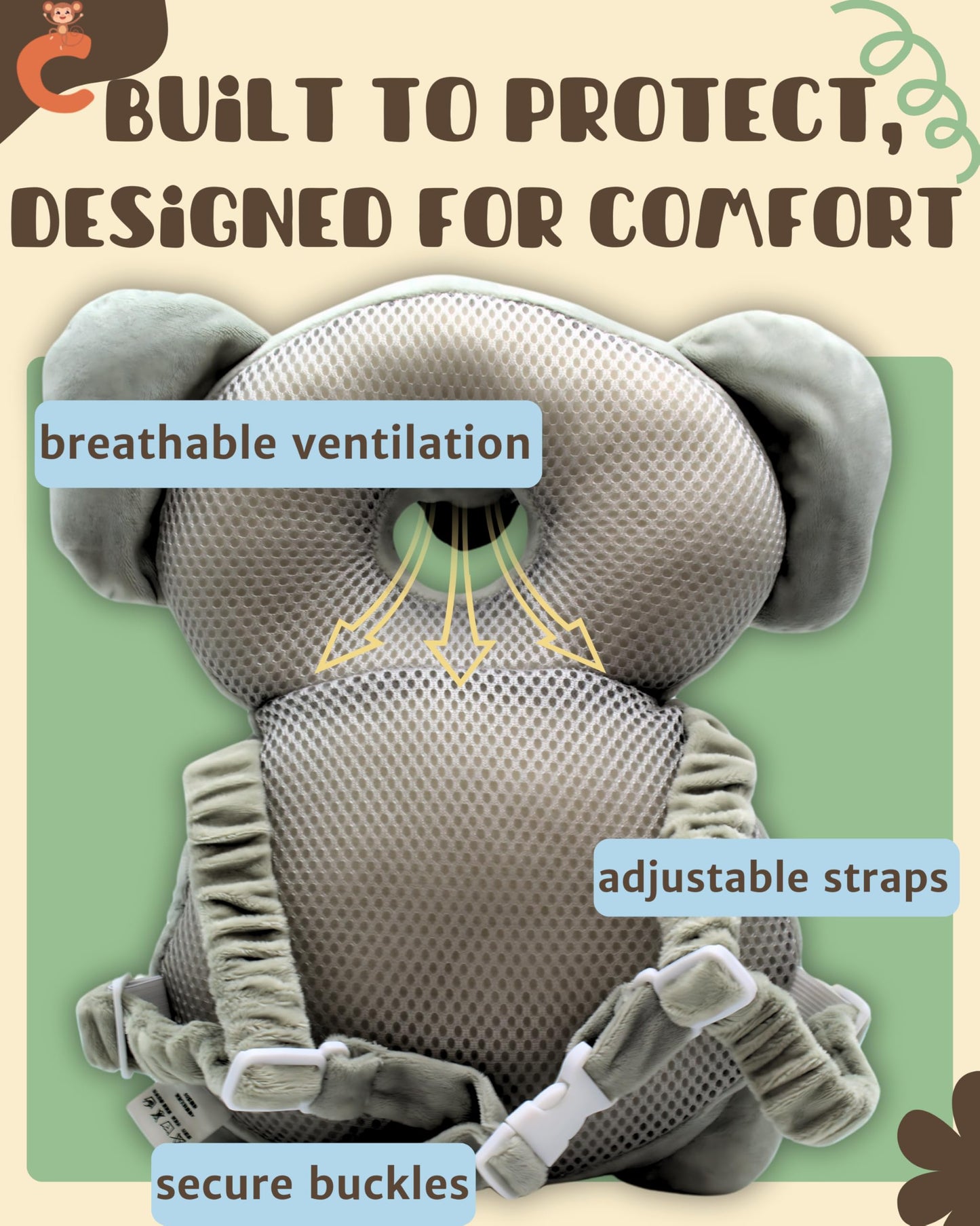 Baby Backpack Head Protection - Koala, Wide Size Cushion, Effective Baby Fall Back Head Protector Cushioning, Superior Head Prot