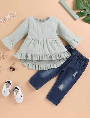 Bilison Toddler Baby Girl Clothes Cotton Linen Long Sleeve Ruffle Top And Ripped Jeans Outfit Sets