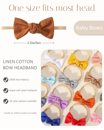 Jollybows 20Pcs 3.2' Baby Girls Linen Headbands Hair Bows Stretchy Nylon Hairbands For Newborn Infant Toddler Hair Accessories