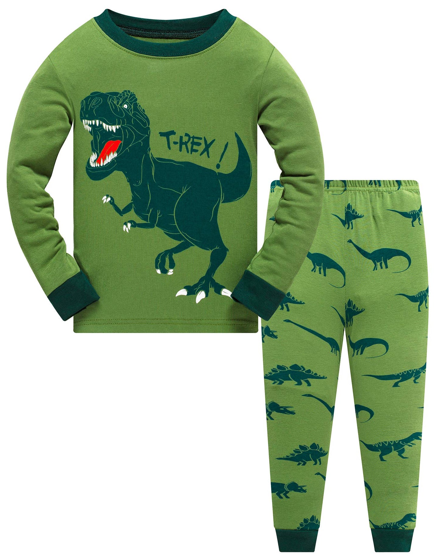 Akyzic Toddler Boys Pajamas 100% Cotton Winter Pjs For Boy Jammies T-Rex Dinosaur Sleepwear Clothes Sets(Green Dinosaur-6231 8T)