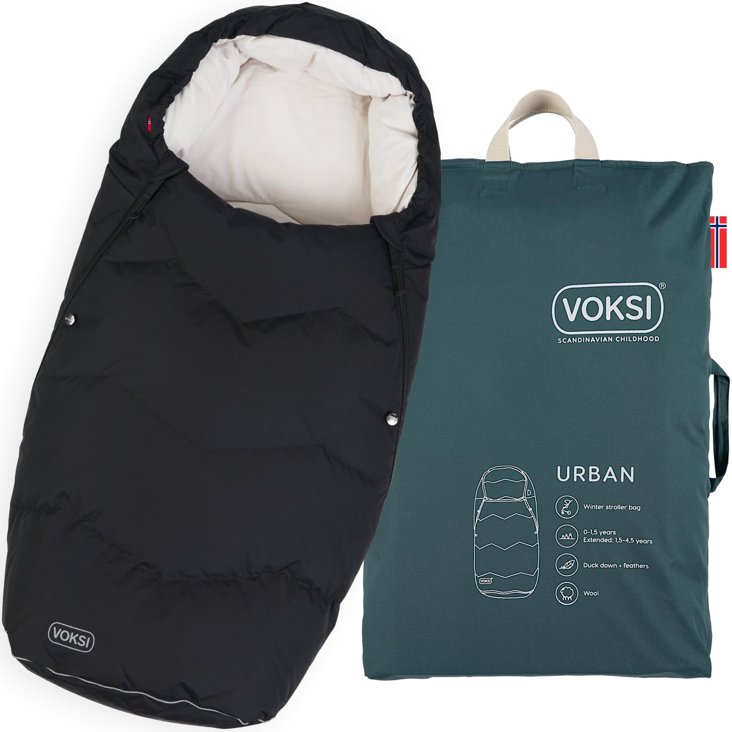 Voksi Footmuff for Stroller, Urban 2025, Natural Wool & Down, Superbly Padded & High Insulation, Extendable, Norway Product (Bla