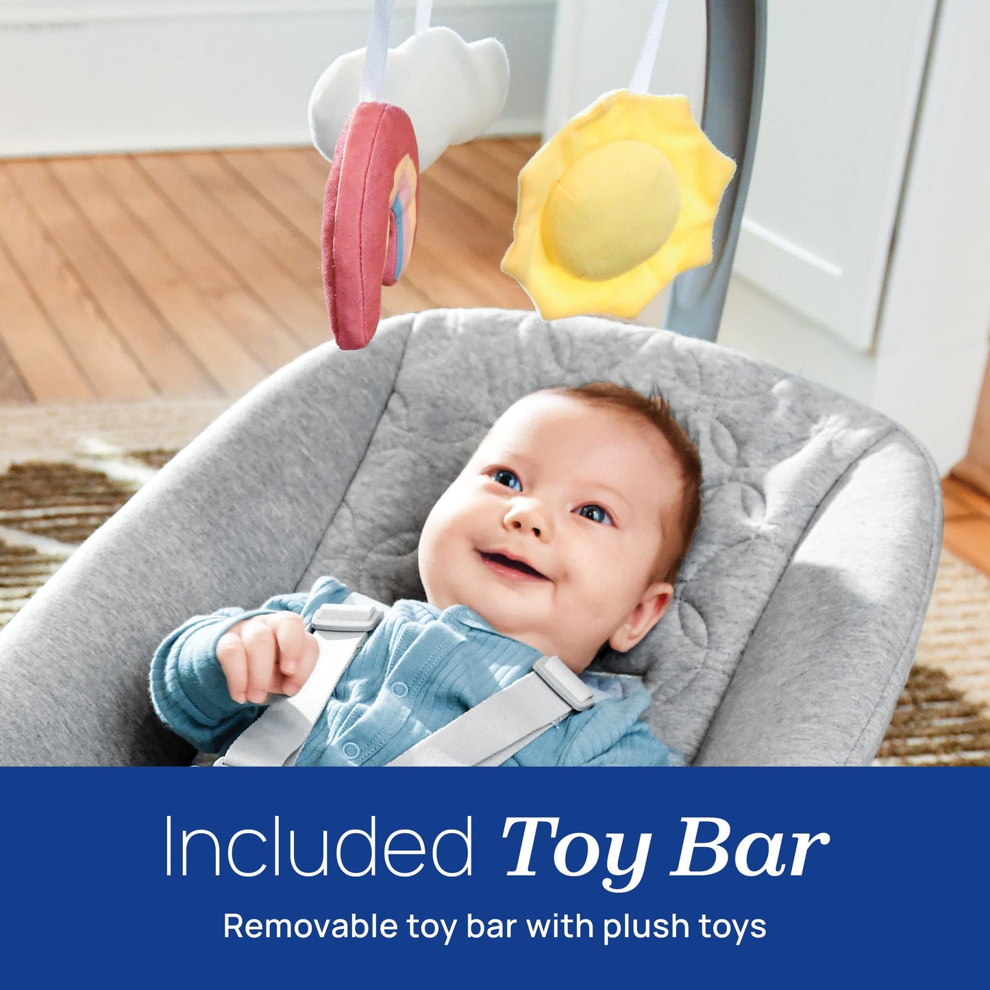 Chicco Float Baby Bouncer Seat, Quilted Organic Cotton Seat Pad, Included Bar With Plush | Cloud/Grey
