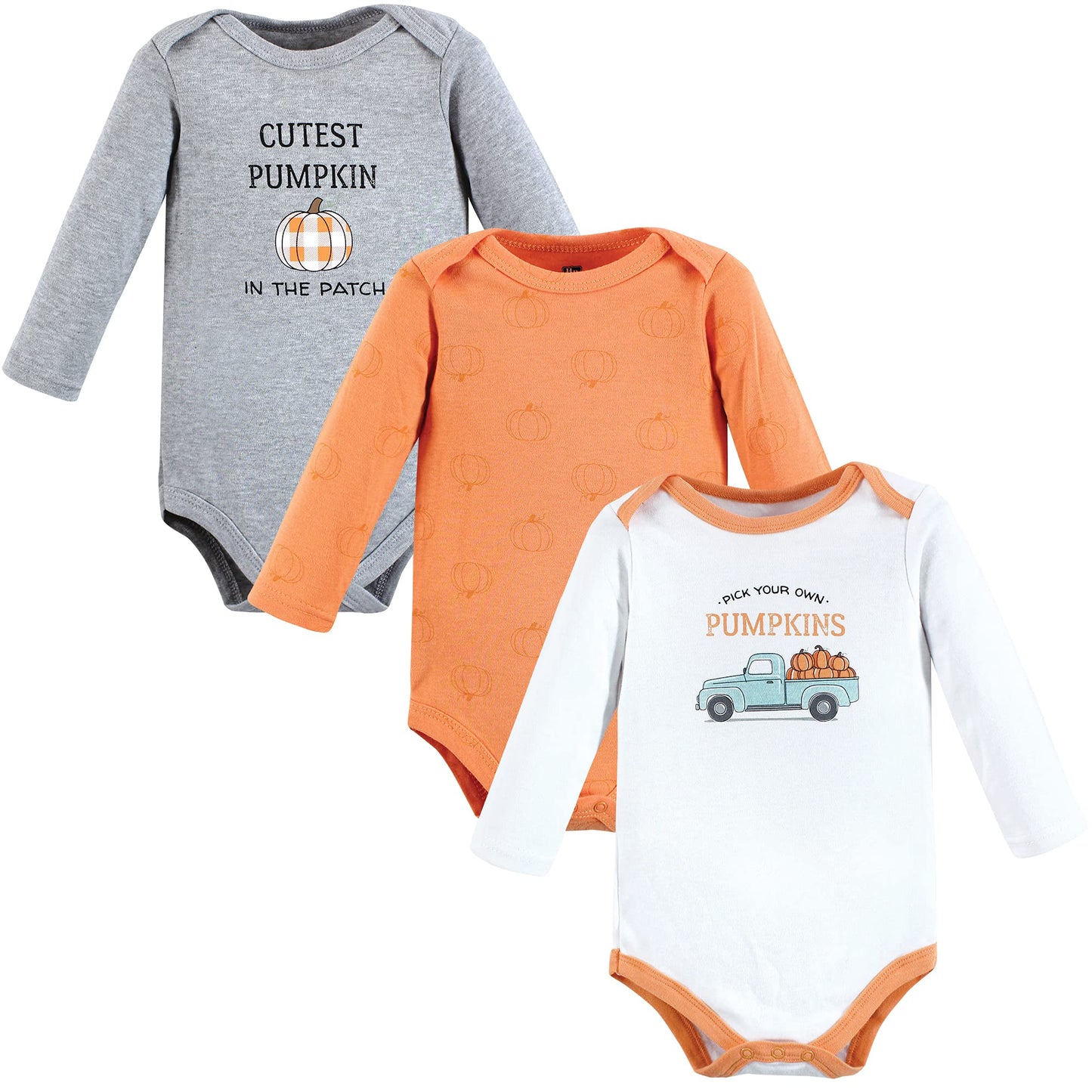 Hudson Baby Unisex Baby Cotton Long-Sleeve Bodysuits Pumpkin Truck 3-Pack, 3-6 Months