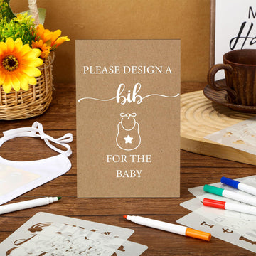Panitay 100 Pcs Diy Baby Bibs Decorating Kit 50 White Bibs 25 Stencils 24 Fabric Markers 1 Baby Shower Game Sign(Kraft)