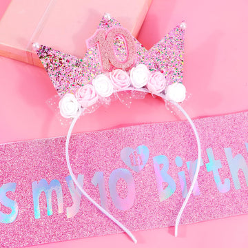Vovii 10Th Birthday Decorations For Girls, Birthday Girl Headband Glitter Sash Set For 10 Year Old Girl Birthday Decoration, Bir
