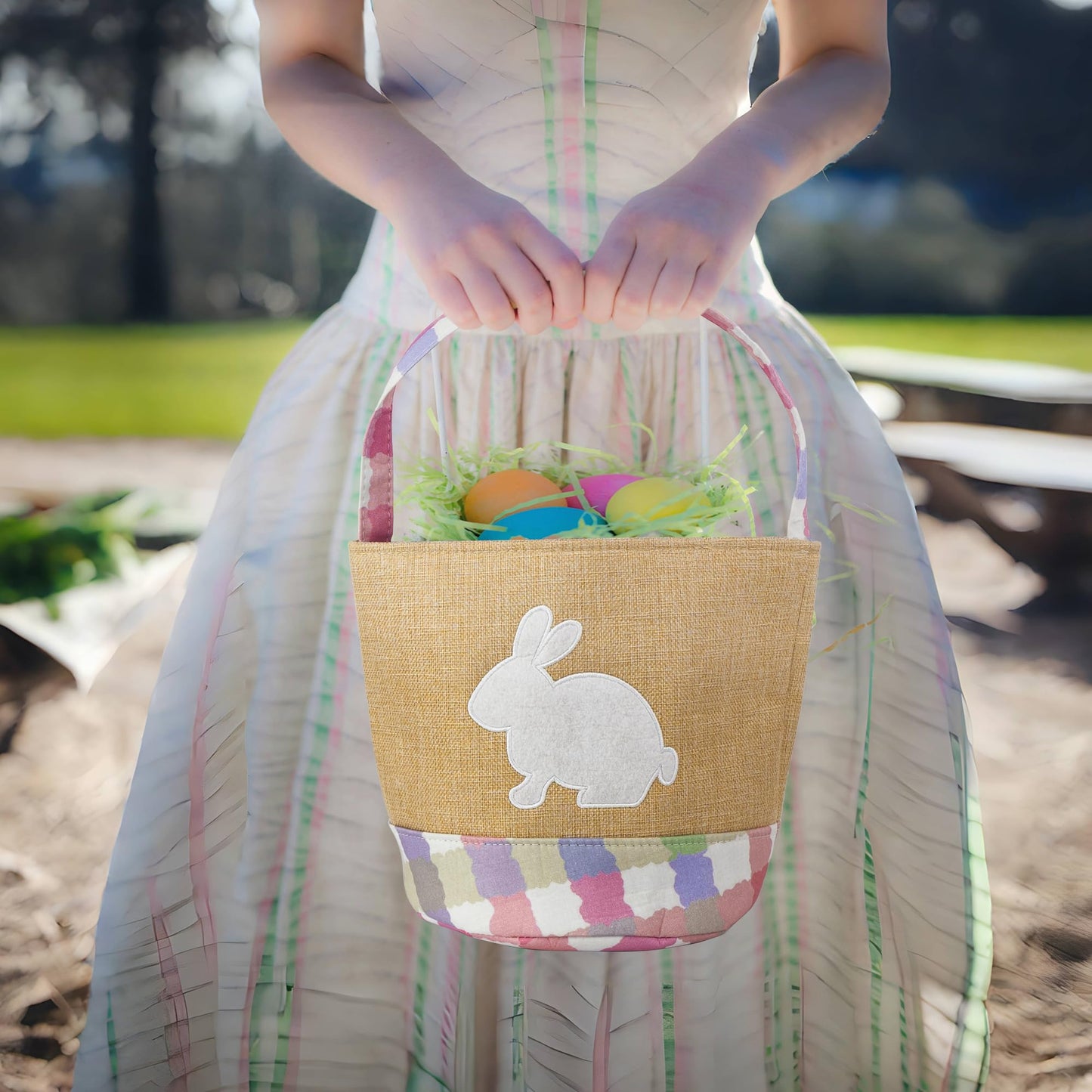 Mt World Kids Easter Bucket Personalized Burlap Easter Egg Hunt Basket For Baby Boys Girls Cute Bunny Storage Basket Reusable Li