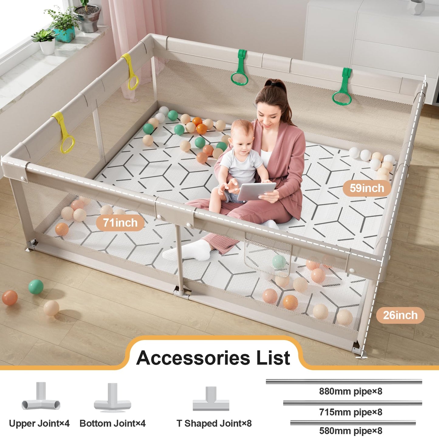 71 * 59 Inch Baby Playpen,Playpen For Babies And Toddlers, Play Pen For Kids, Playpen With Mat, Play Pen For Babies And Toddlers