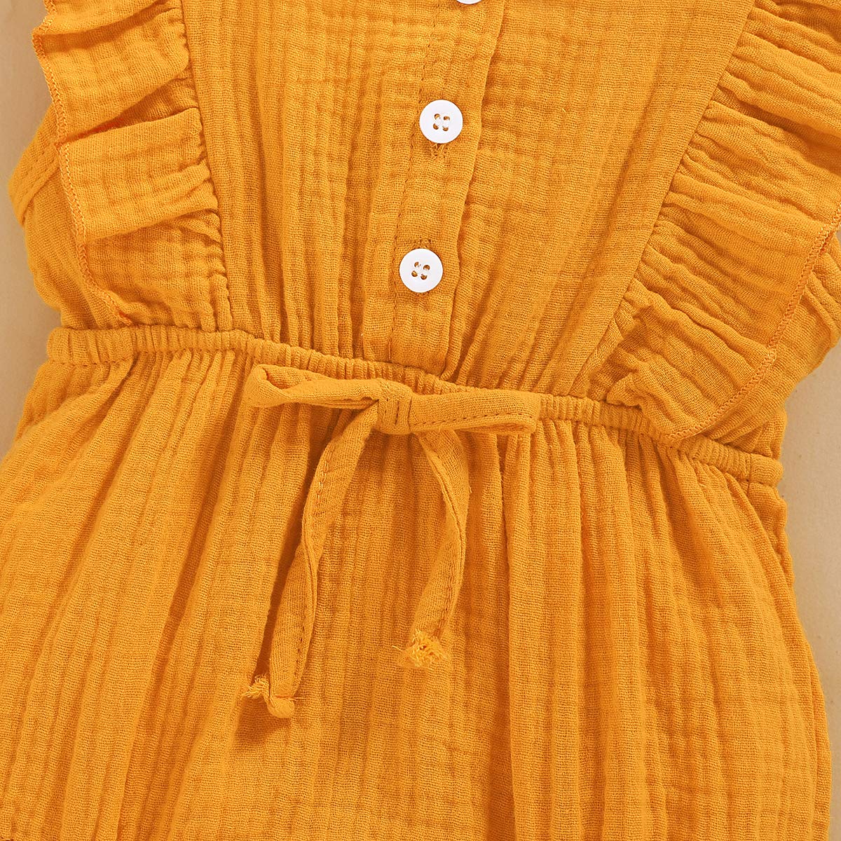 Younger Tree Toddler Baby Girl Ruffled Sleeveless Romper Casual Summer Jumpsuit Cotton Linen Clothes (Button-Yellow, 6-12 Months