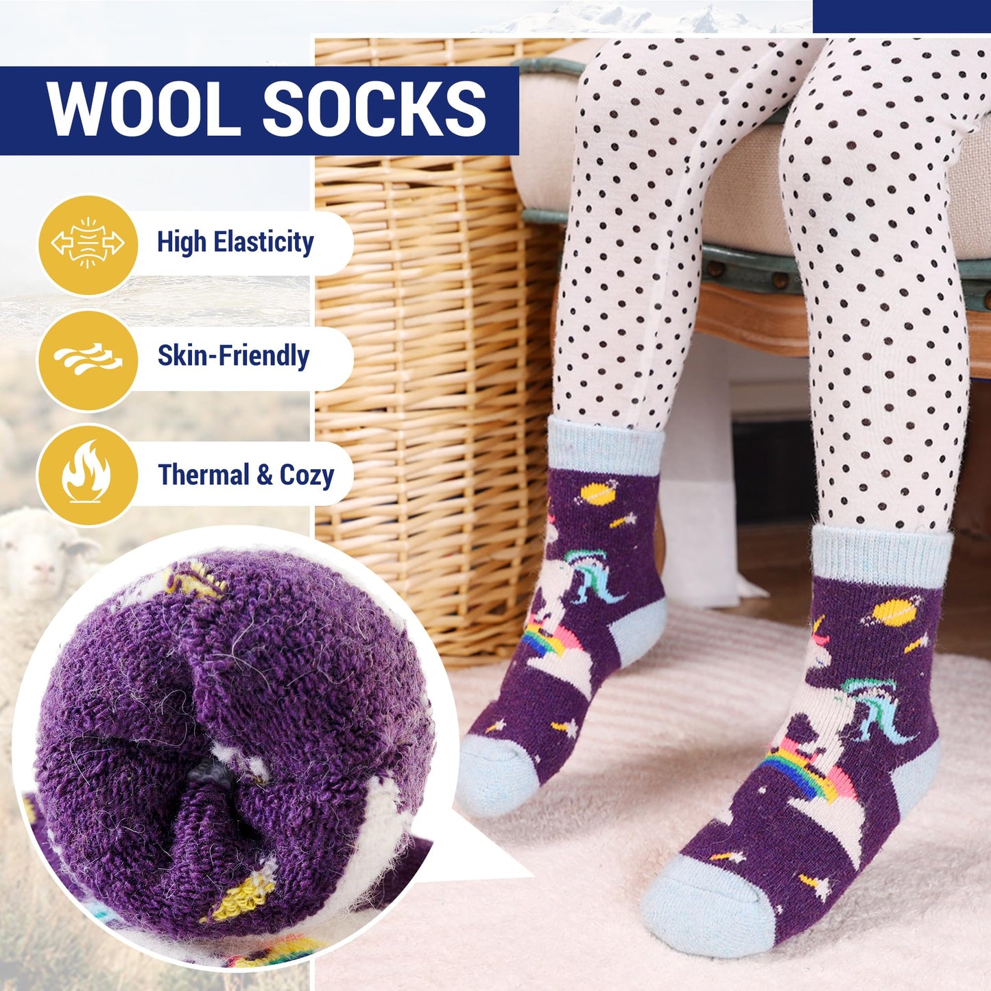 Eocom 6 Pairs Children'S Winter Warm Wool Socks Kids Toddlers Boys Girls Thermal Thick Boot Cozy Crew Socks (4-7X, Unicorn)