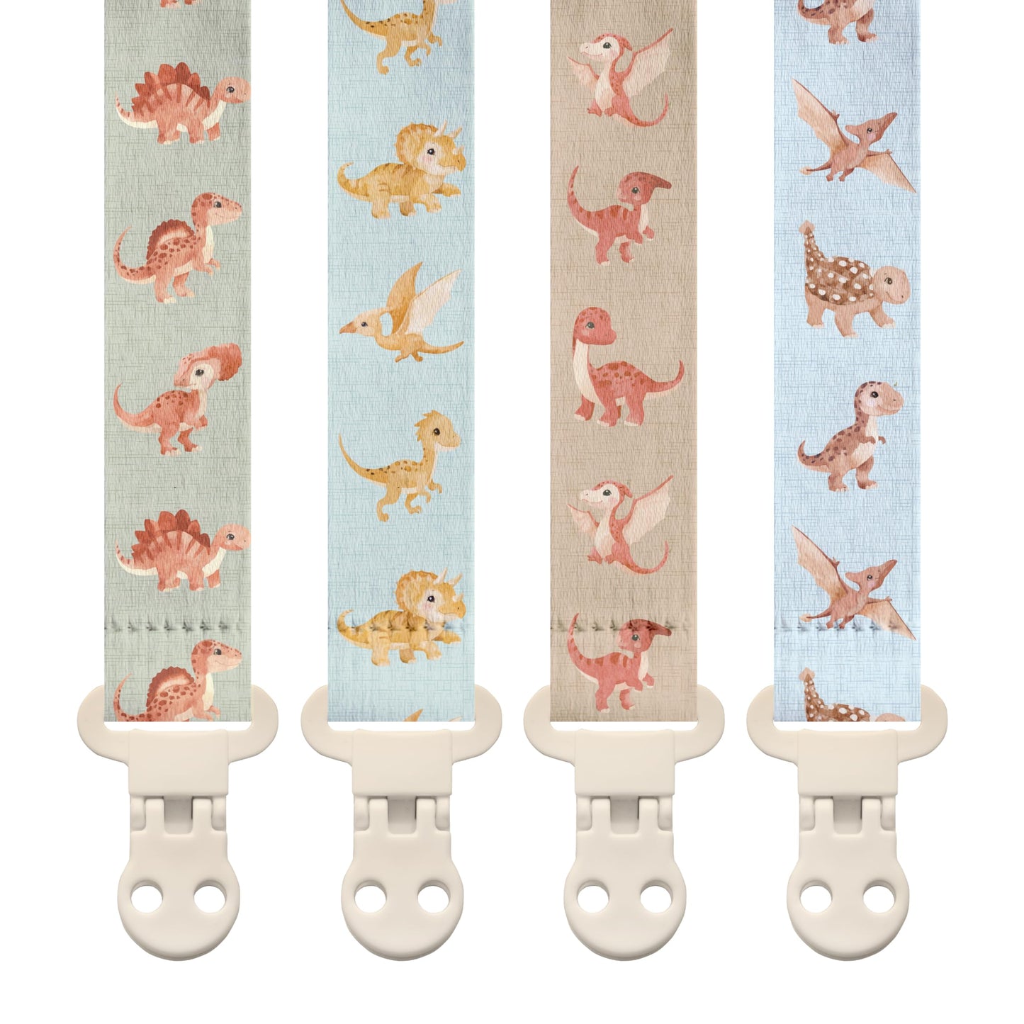 Stadela Baby Fabric Pacifier Clip Holder, Plastic Clip, 4-Pack, Dinosaur Pattern, Dinomite Set