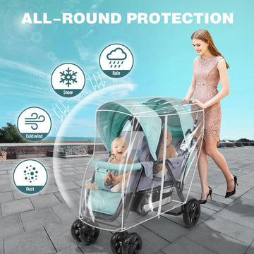 Double Stroller Rain Cover, Waterproof Weather Shield For Tandem Double Stroller, Twins Stroller Cover For Rain/Wind/Snow/Cold/D