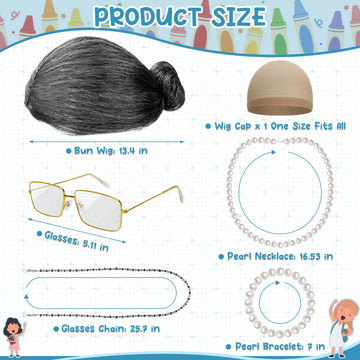 Huskein 100 Days Of School Costume, Old Lady Cosplay Silver Bun Wig Glasses Wig Cap Pearl Necklace Bracelet Accessories For Girl