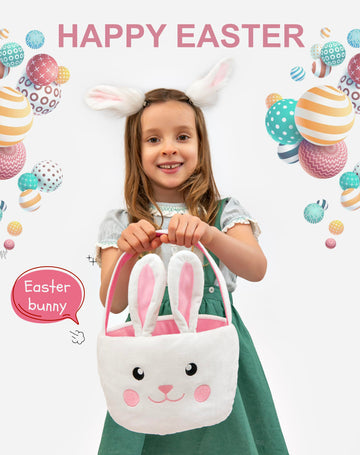 Lofytain Easter Basket Bags,Easter Eggs-Gift Baskets For Kids,Bunny Tote Bag Bucket For Easter Eggs,Toys, Candy,Gifts (Pink)