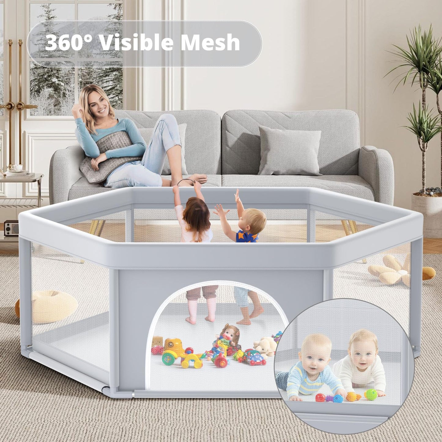 65  65 Inch Stylish Hexagonal Baby Playpen, Soft Play Pen For Babies And Toddlers, Safe Anti-Fall Baby Play Yards, Indoor & Outd