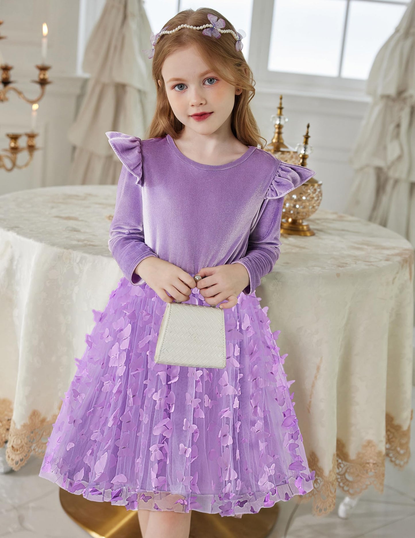 Arshiner Lavender Dress For Girls Velvet Tulle Tutu Long Sleeve Birthday Outfit Butterfly Size 7