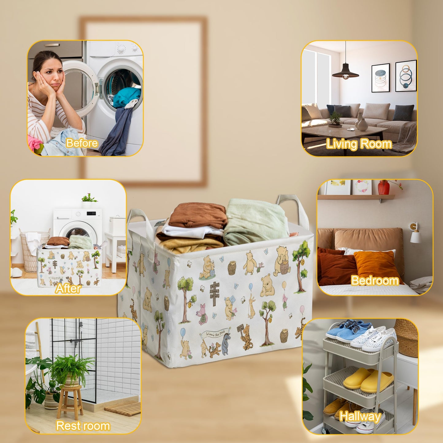 Zsatuiy Winnie Storage Nursery Basket,Large Squarecanvas Laundry Hamper Withwinnie Baby Stuff A Waterproof Pecoating, Foldable,