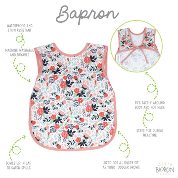 Bapronbaby Vintage Rose Bapron - No Neck Tie Safer Bib For Baby & Toddler - Soft Waterproof Stain Resistant - Machine Washable -