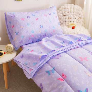 Viviland Butterfly Floral Toddler Comforter Sets, Cute Girls Toddler Bedding Set, Soft Microfiber Purple Toddler Bed Set