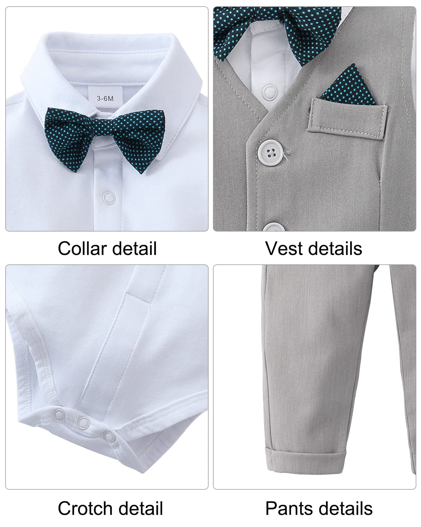 Disaur Baby Boy Suit Long Sleeve Infant White Shirt Gray Vest Pants Bow Tie Baby Boy Thanksgiving Outfit 9 12 Months 1T