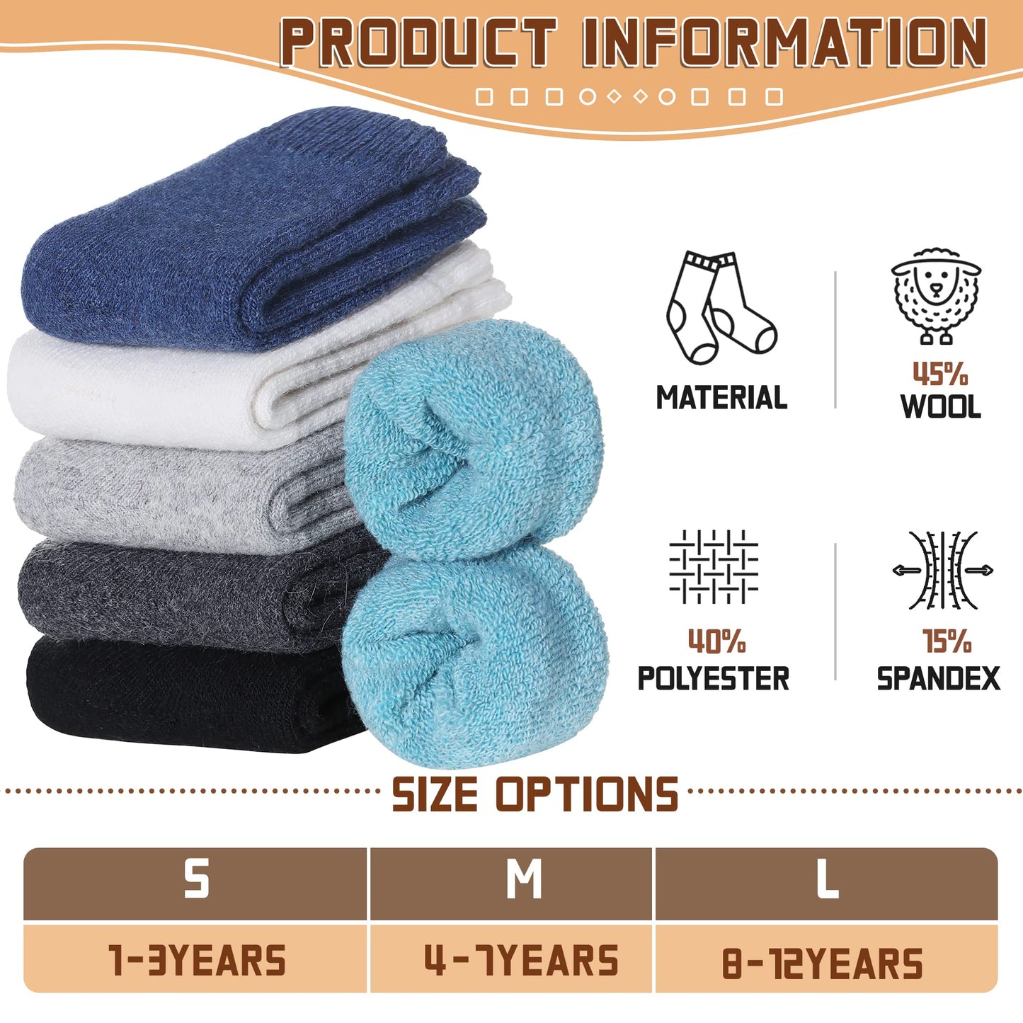 Kids Merino Wool Socks Boys Girls Hiking Boot Winter Thermal Warm Cozy Soft Toddler Thick Crew Socks 6 Pairs (6 Pairs Solid Colo