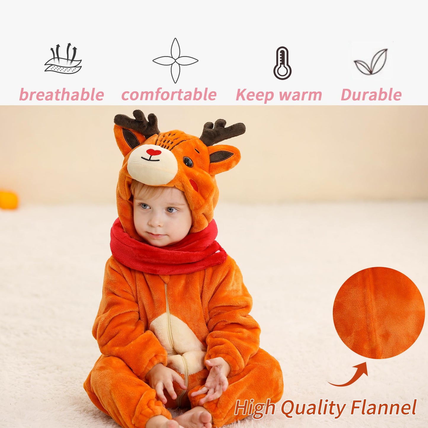 Michley Baby Gilrs Boys Romper With Hood Soft Flannel Halloween Animal Onesie Outfit 2-5 Months, Deer, Size 70