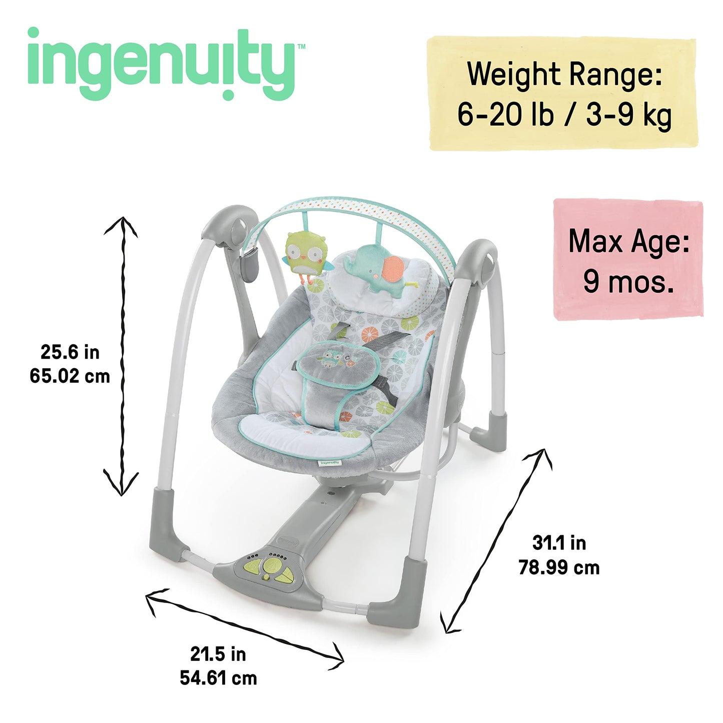 Ingenuity Swing 'N Go 5-Speed Baby Swing - Foldable, Portable, 2 Plush Toys & Sounds, 0-9 Months 6-20 Lbs (Hugs & Hoots)