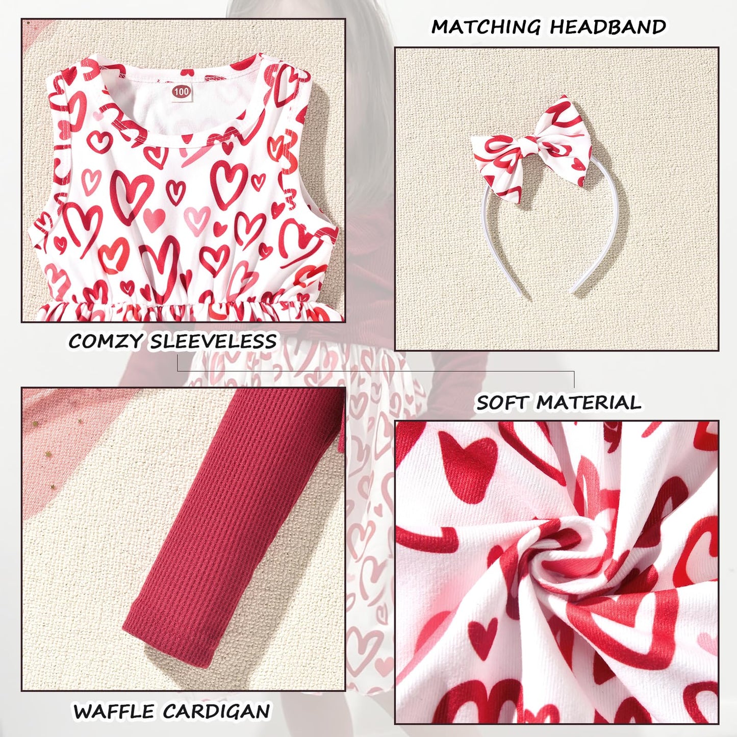 Hintina 18 Month Infant Toddler Baby Girls Valentines Day Dress Outfits Red Heart Sleeveless Sundress With Long Sleeve Waffle Ca