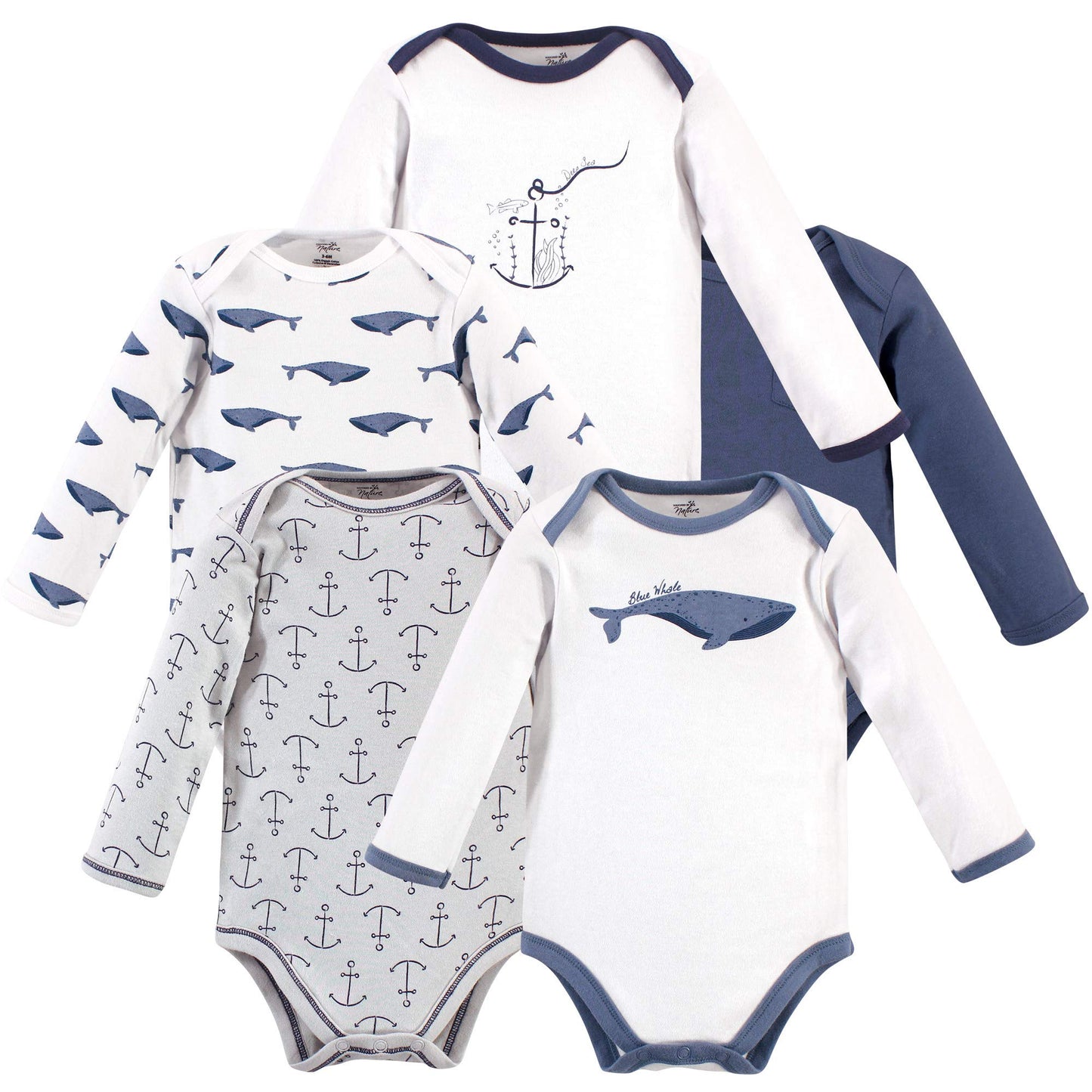 Touched By Nature Baby Organic Cotton Long-Sleeve Bodysuits, Blue Whale, 0-3 Months