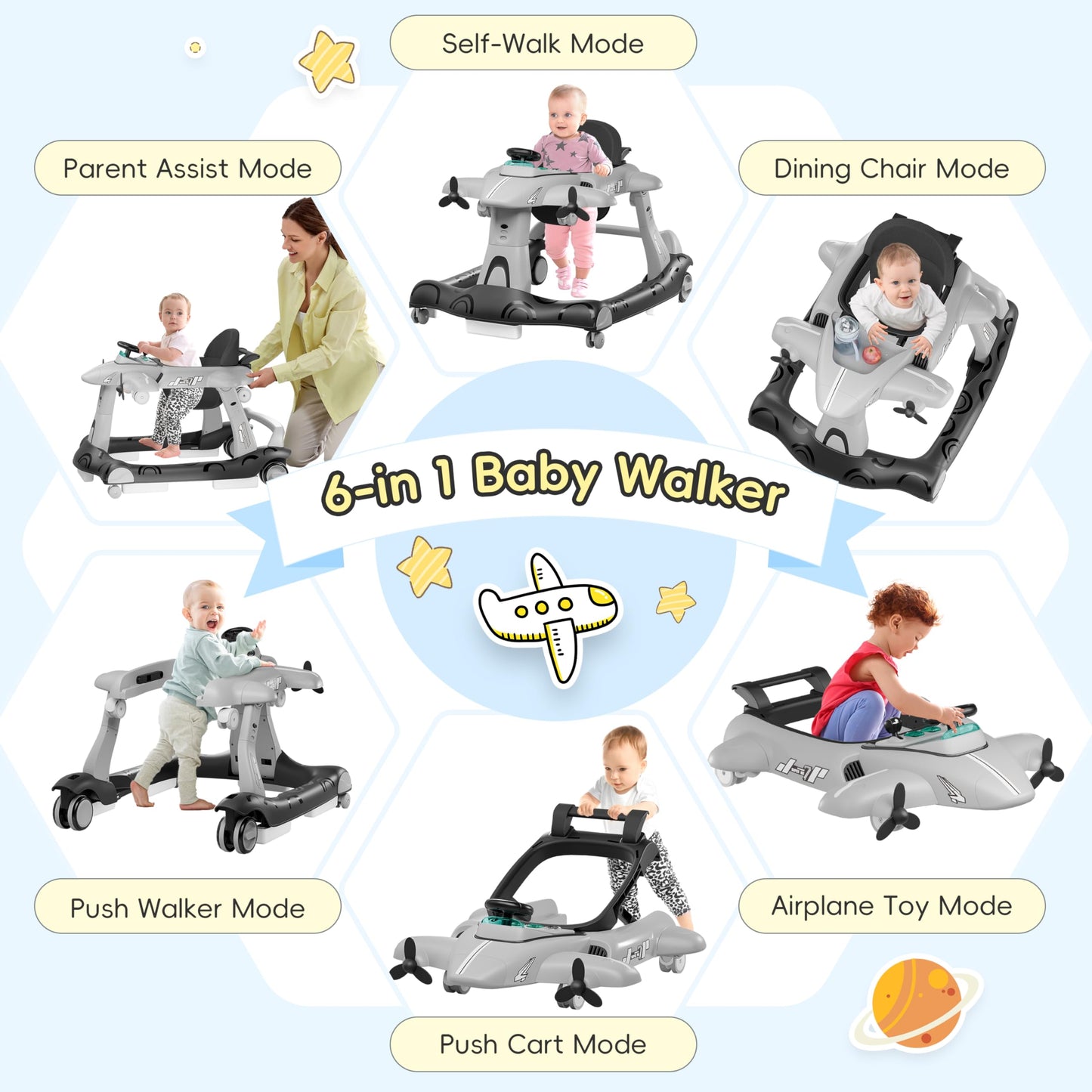 Xilingol 6-In-1 Baby Walker With Adjustable Speed Wheels, Adjustable Height Activity Walker With Padded Seat, Foldable Walker Fo