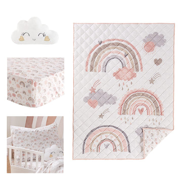 Levtex Baby - Rainbow Dreams Toddler Bed Set - Pink, Grey, Taupe, Tan And Coral - Rainbow Theme - 5 Piece Set - Quilt, Fitted Sh