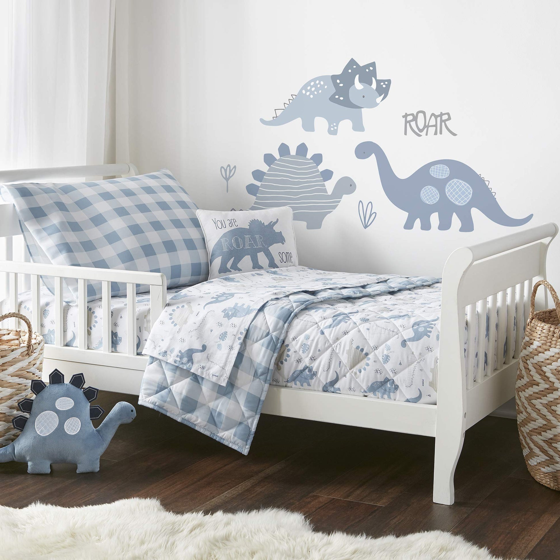 Levtex Baby - Dino Toddler Bed Set - Shades Of Blue And Grey - Dinosaur - 5 Piece Set Includes Reversible Quilt, Fitted Sheet, F