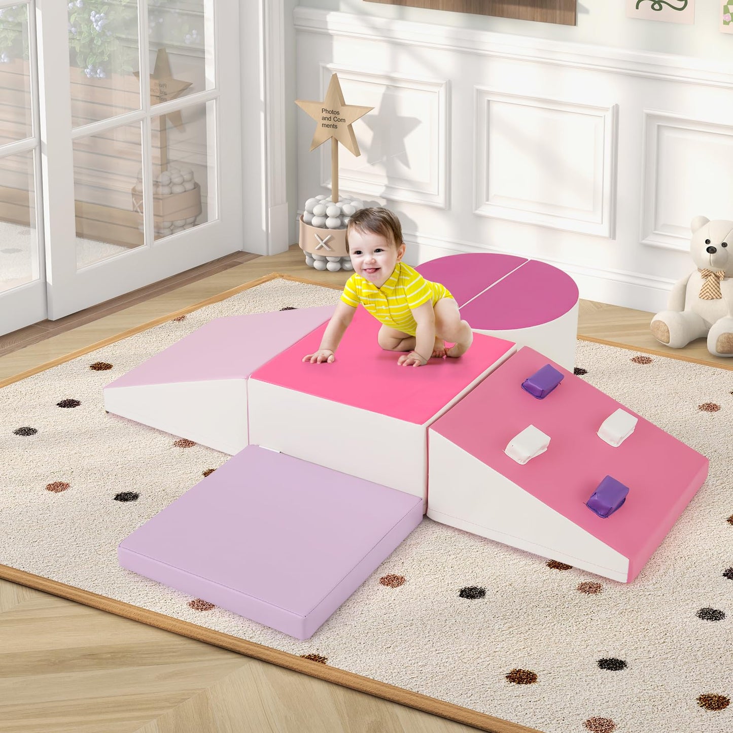 Olakids Climbing Toys For Toddlers, 6 Pieces Baby Foam Blocks Soft Play Set With Pu Leather, Indoor Kids Climb And Crawl Sliding