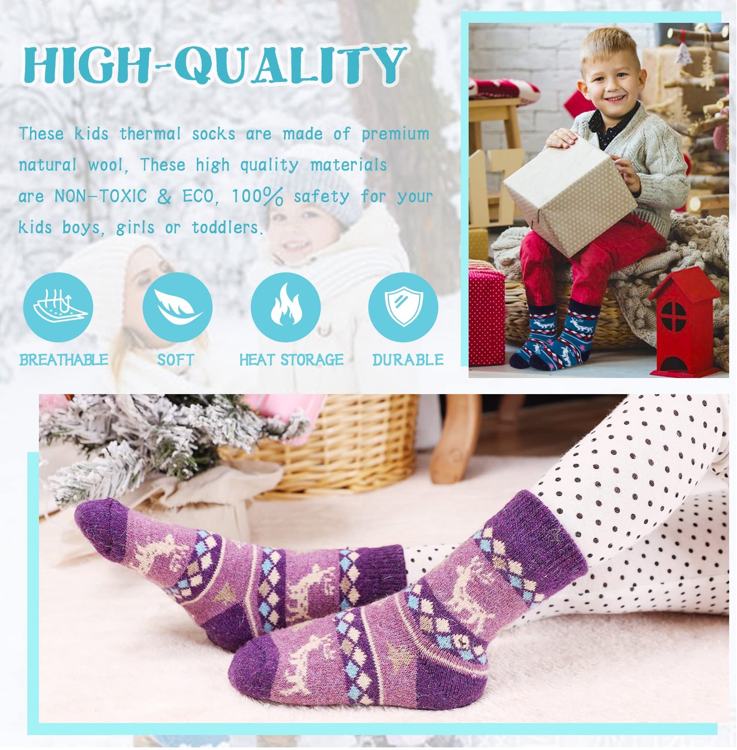 Eocom 6 Pairs Children'S Winter Warm Wool Animal Crew Socks Kids Boys Girls Socks (6 Pairs Christmas Deer, 1-3 Years)