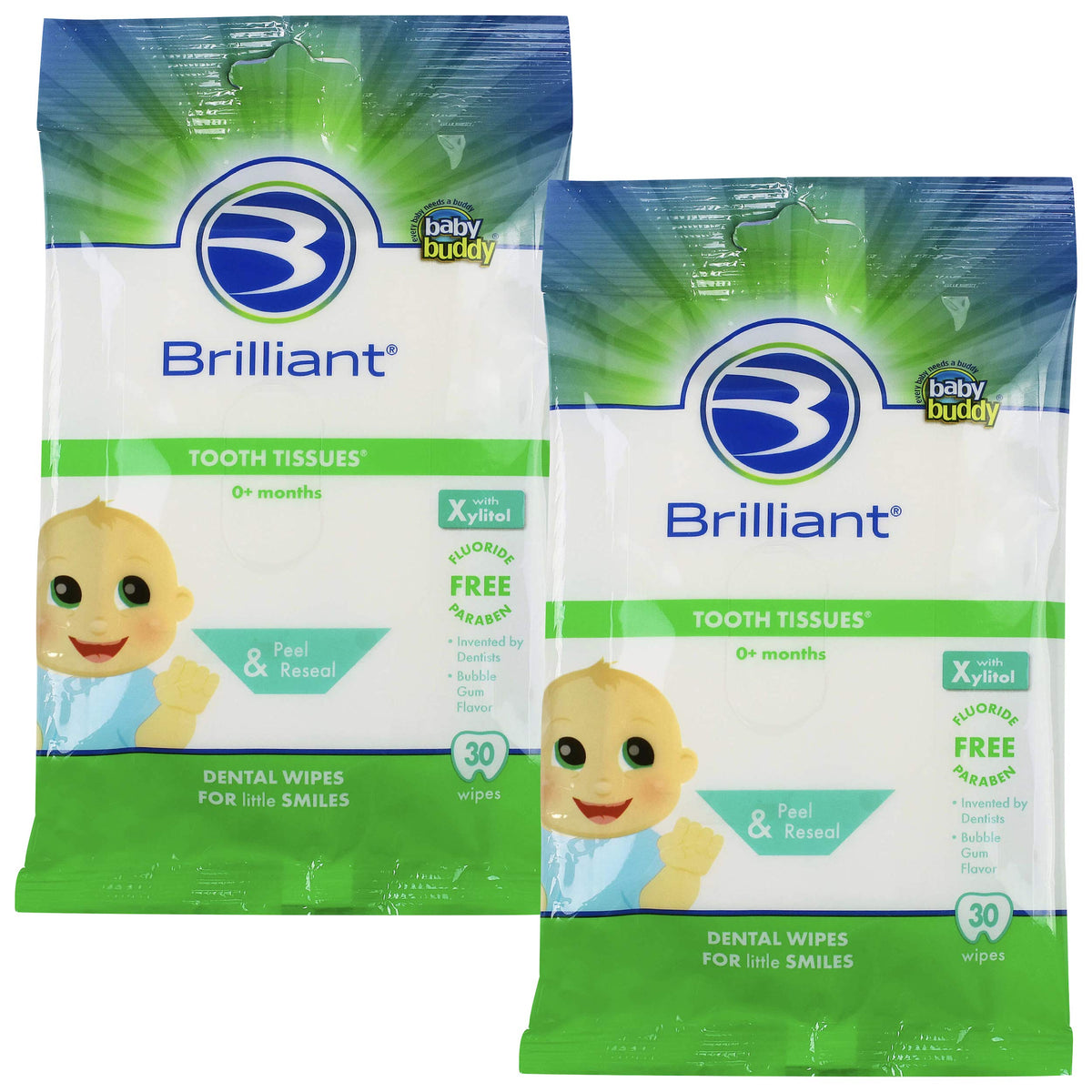 Brilliant Tooth Tissues with Xylitol, Teeth Wipes for Babies and Toddlers, Safe if Swallowed, Fluoride Free, 60 Count (2 Packs o