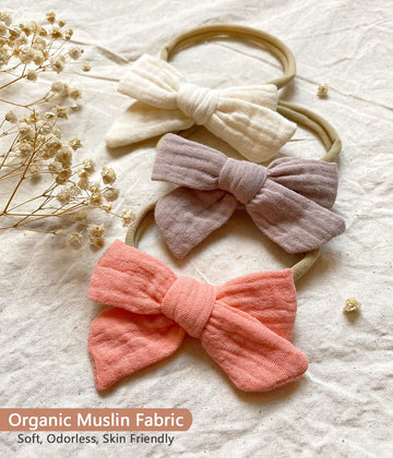 Cherssy Baby Muslin Hair Bows And Headbands, 10Pcs Soft Nylon Hairbands For Newborn, Infants, Toddlers