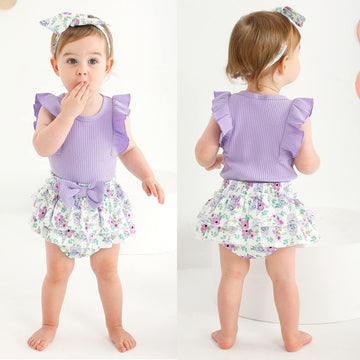 Tiny Cutey Baby Girl Clothes Infant Summer Outfits Set Ruffle Sleeve Romper And Floral Shorts With Headband (Purple Romper And R