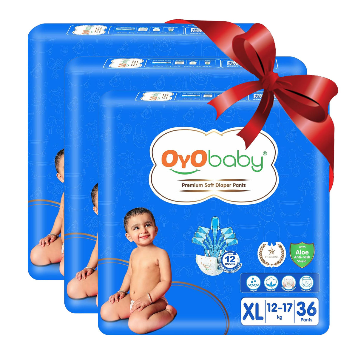 Oyo Baby Pant Style Baby Diapers, Pack Of 3 Large (Xl), 36Count, For Babies 1217Kg, With Aloe Vera Lotion For Rash Protection