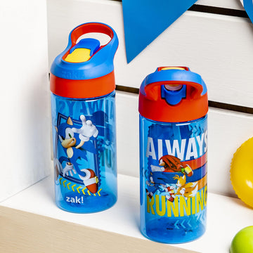 Zak Designs Sonic The Hedgehog Kids Water Bottle With Spout Cover And Built-In Carrying Loop, Made Of Durable Plastic, Leak-Proo