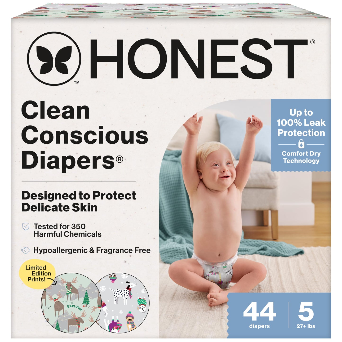 The Honest Company Comfort Dry Disposable Diapers for Sensitive Skin, Hypoallergenic, Fragrance-Free, Winter 25 Seasonal Prints