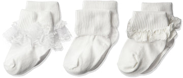 Jefferies Socks Baby Girls Eyelet Lace/Turn Cuff/Fancy Lace 3 Pack Socks, White, 0-3 Months Us