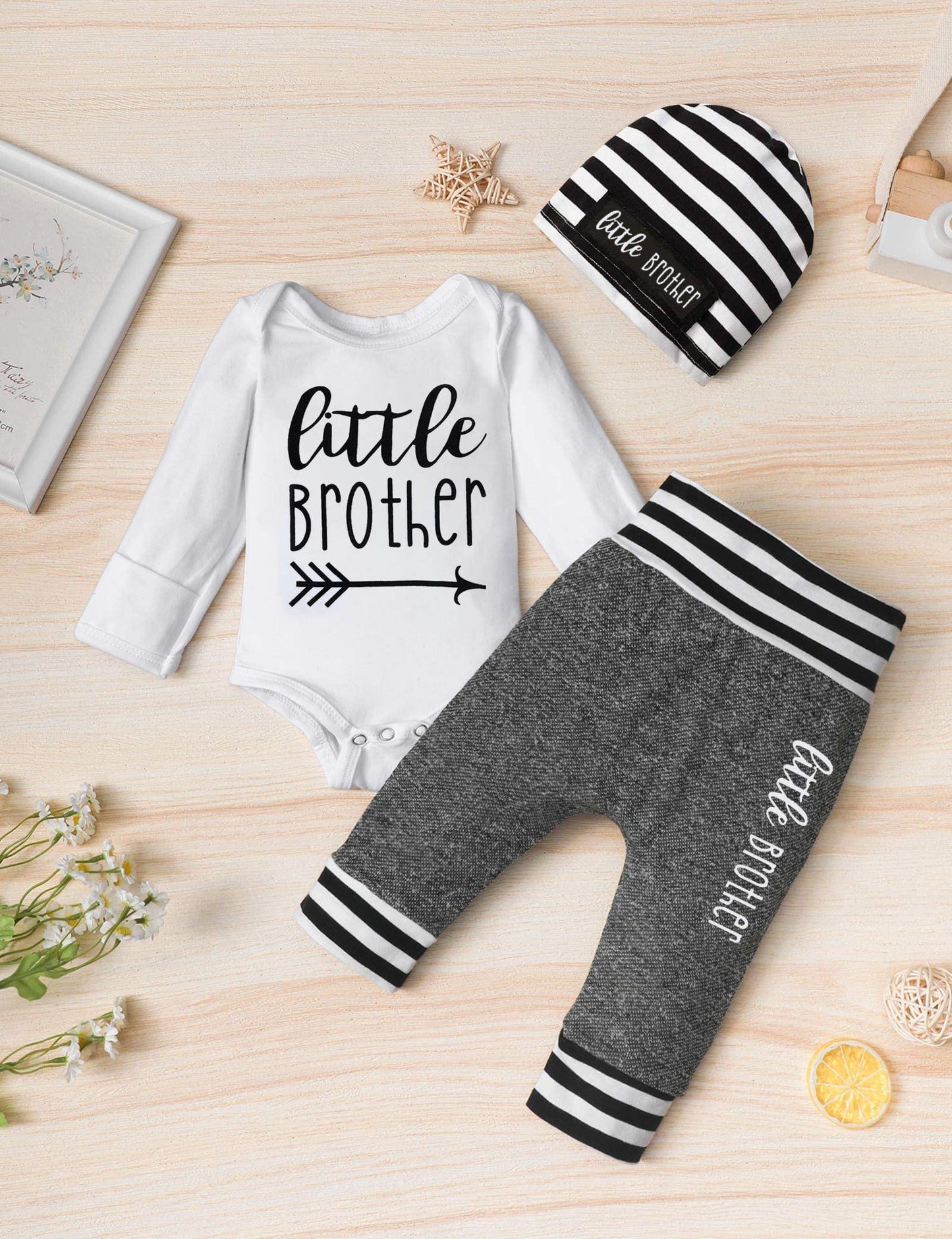 Fommy Baby Boy Clothes 0-3 Months Little Brother Newborn Outfit Long Sleeve Romper+Long Pants+Stripe Hat 3Pcs Baby Boy Outfits S