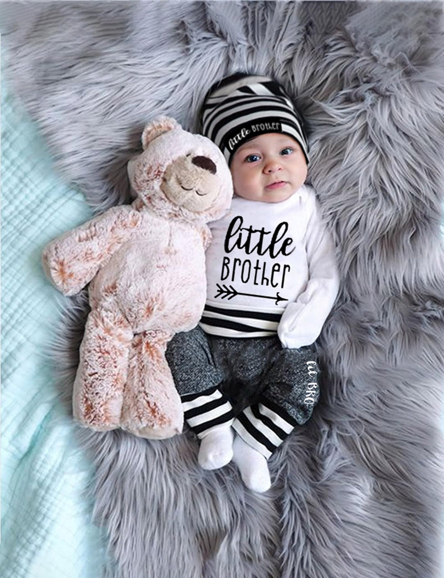 Fommy Baby Boy Clothes 6-9 Months Little Brother Outfits Long Sleeve White Romper+Little Bro Pants+Stripe Hat Cute Baby Boy Outf