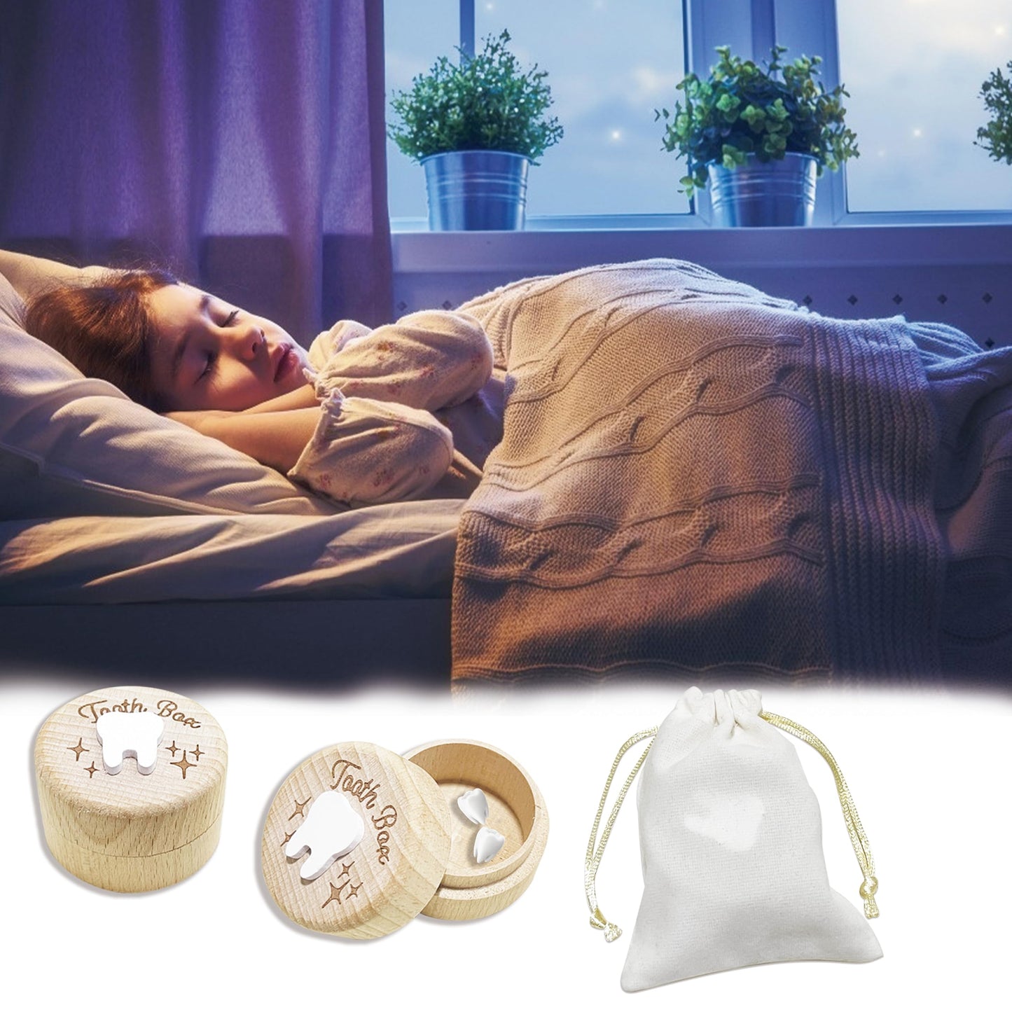 Zalengine Tooth Fairy Box With Storage Pouch, Wooden Tooth Keepsake Box For Kids ' First Lost Teeth, Lost Tooth Case To Put Unde