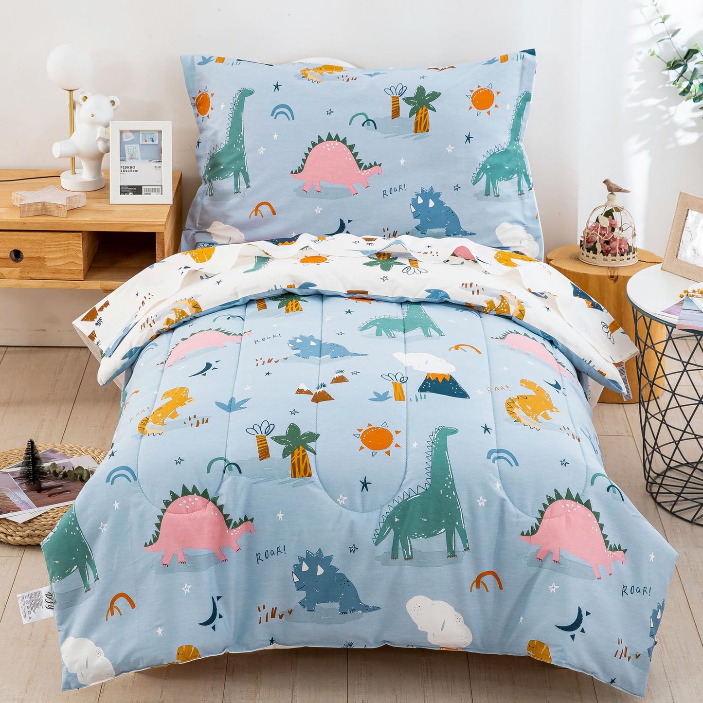 Djy 4 Pieces Cotton Toddler Bedding Set, Dinosaur Toddler Bed Comforter Set For Boys Girls, Includes Blue White Reversible Comfo