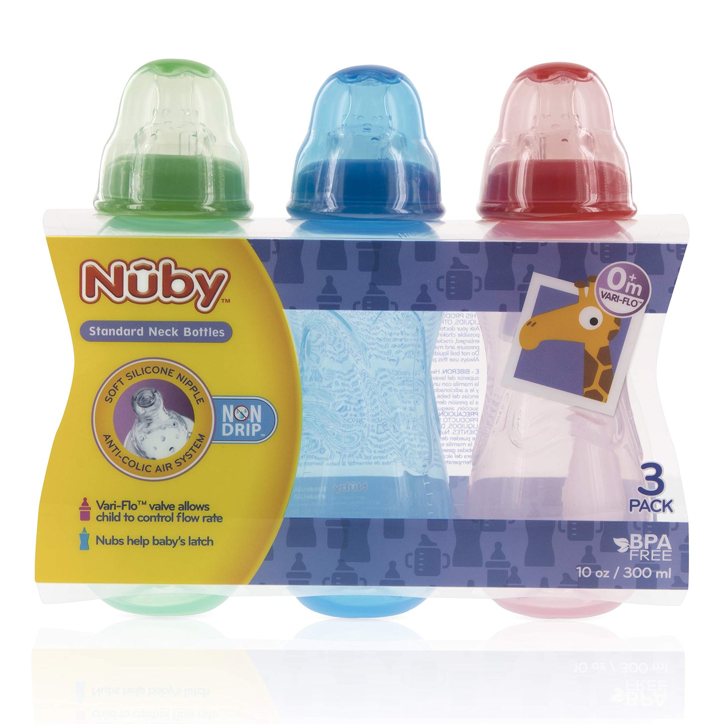 Nuby Non-Drip Standard Neck Bottles, 10 Ounce (Red/Blue/Green)