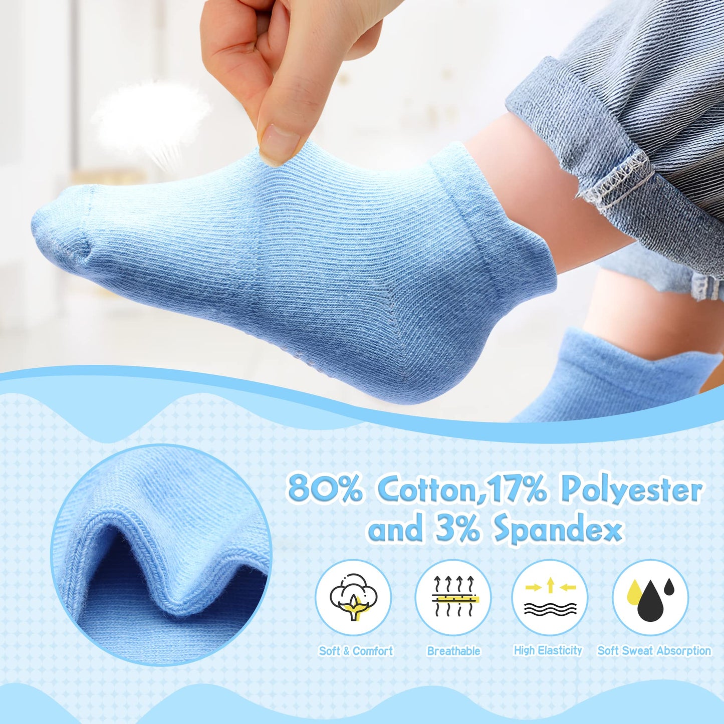 Hyzgb Baby Socks 12-24 Months 12 Pairs Toddler Socks Boys 1T 2T 3T Cotton Ankle Socks With Non Skid Grippers For Boy 1-2-3 Years