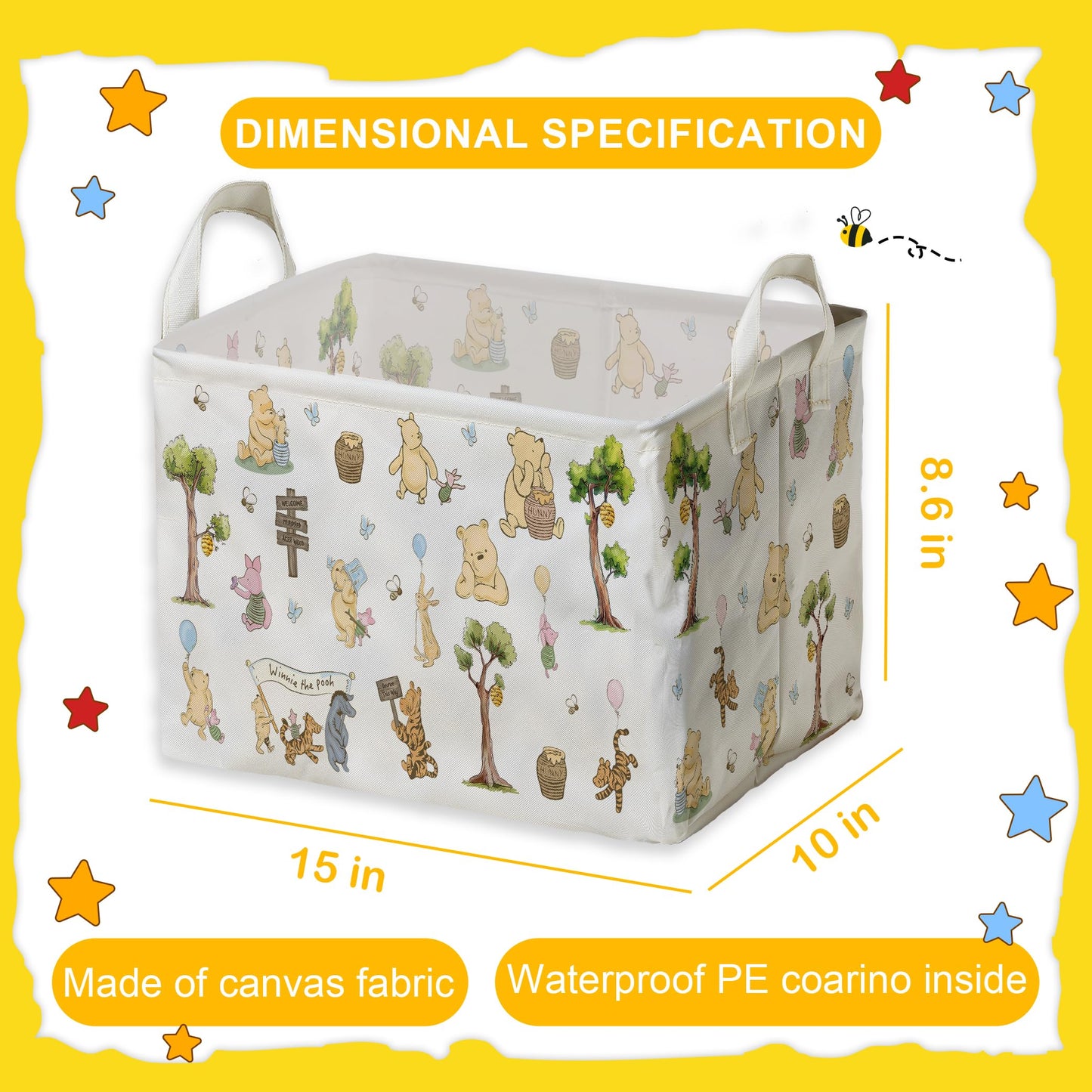 Zsatuiy Winnie Storage Nursery Basket,Large Squarecanvas Laundry Hamper Withwinnie Baby Stuff A Waterproof Pecoating, Foldable,