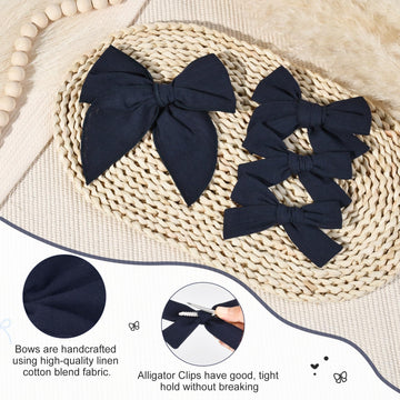 Deeka 4 Pcs Navy Blue Cotton Linen Hair Bows 3 Styles 5' & 4' Handmade Hair Bow Set For Toddler Girls Alligator Hair Clips Kno